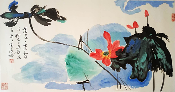 左濠诚作品10《莲叶一蓬和夜冷 桃花两朵载春多》